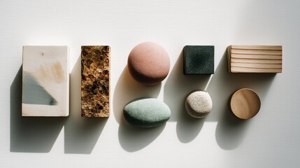 aesthetic composition of assorted wooden blocks and smooth river stones arranged in abstract geometric layout on white background with shadows.