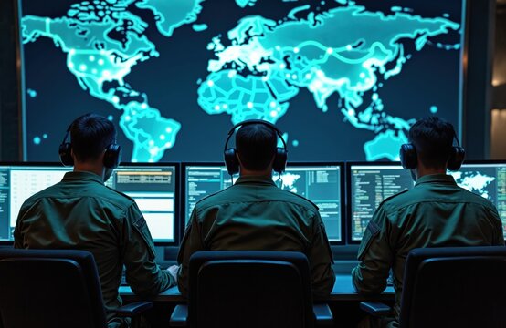 Three men wear headsets, focus on multiple computer screens displaying glowing world map and data. They work in a control room on cyber security operations.