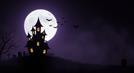 Spooky Halloween Poster Background with Haunted House Silhouette and Full Moon