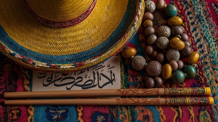 A vibrant multicultural flat lay composition featuring a Mexican sombrero hat and Chinese calligraphy brushes on a patterned fabric background.