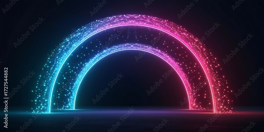 Poster glowing neon archway with sparkling particles and dark background for technology concepts.
