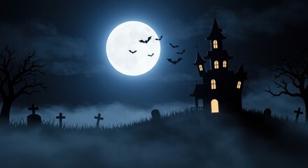 Spooky Halloween Poster Background with Haunted House Silhouette and Full Moon