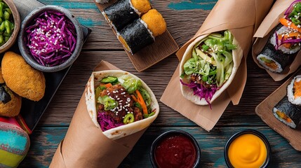 Top-down view of assorted fusion food wraps and sushi rolls arranged in a row with dipping sauces on a rustic wooden table.