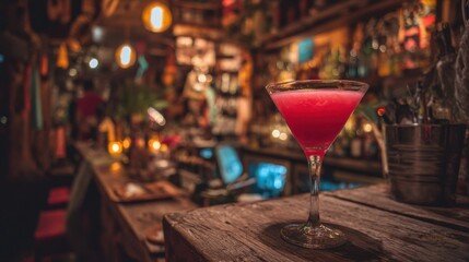 Cosmopolitan Cocktail in Glass on Rustic Bar Top at Nighttime Bar Scene Close Up Low Angle