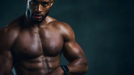 Fototapeta premium Muscular Man with Smartwatch Fitness and Technology Concept