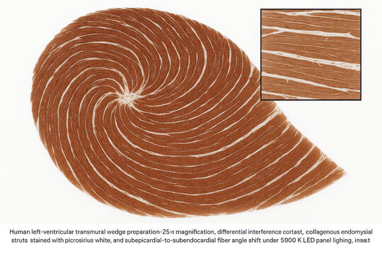 Microscopic view of human left-ventricular transmural wedge preparation with detailed view of collagenous endomysial struts.