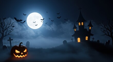 Spooky Halloween Poster Background with Haunted House Silhouette and Full Moon