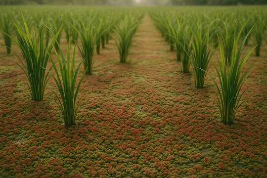 Rice paddy with Azolla acting as biofertilizer, concept of sustainable farming.