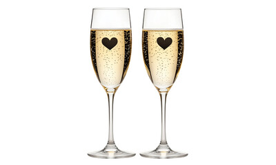 Two champagne flutes filled with bubbly sparkling wine, each etched with a heart, symbolizing celebration and romance