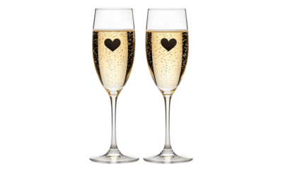 Two champagne flutes filled with bubbly sparkling wine, each etched with a heart, symbolizing celebration and romance