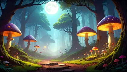Forest path leads to a glowing moon with vibrant mushroom caps