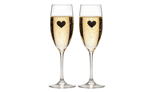 Two champagne flutes filled with bubbly sparkling wine, each etched with a heart, symbolizing celebration and romance