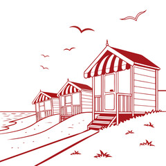 Red outline drawing of three beach huts on a sandy shore with seagulls flying overhead