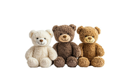 Obraz premium Three plush teddy bears sitting side by side with soft textured fur, embroidered paws, and friendly faces in cream, cocoa, and caramel tones