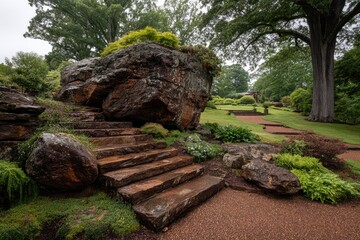 Obraz premium A weathered stone staircase winds through a lush garden, leading to a tranquil landscape beyond large boulders.