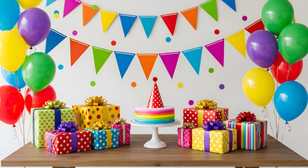 Bright and colorful first birthday party with balloons, confetti, and celebration