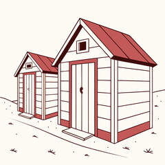 Two charming wooden beach huts with red roofs stand side by side on a sandy shore