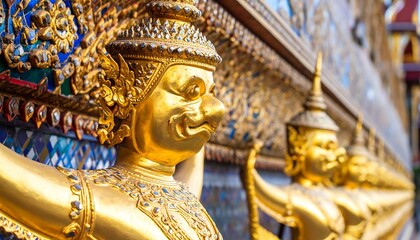 Golden statue details adorn a richly ornamented building with traditional architecture