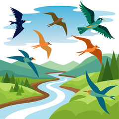 Graceful swallows soar above a winding river and lush green hills under a serene sky, evoking freedom and natural beauty.