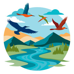 Stunning flock of birds soaring majestically over a vibrant, winding river and lush mountain landscape, evoking freedom and natural beauty.
