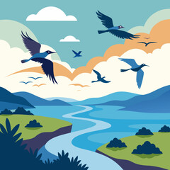 Graceful blue birds soar over a winding river and rolling hills under a sky filled with soft clouds and warm sunset hues, evoking freedom and natural beauty.