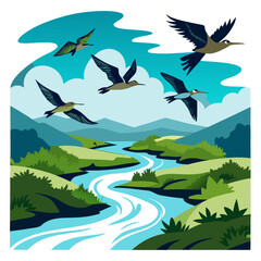 Graceful flock of birds soars over a winding river and lush green valley under a bright, cloudy sky, evoking freedom and natural beauty.