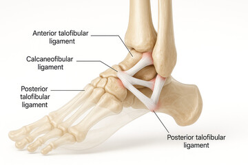 Anatomical illustration of the human ankle joint, highlighting the tibia, fibula, talus, and calcaneus bones, with key ligaments labeled: anterior talofibular ligament, calcaneofibular ligament, and p
