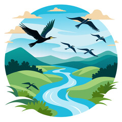 Graceful flock of birds soars over a winding river and lush green hills under a vibrant sky, embodying freedom and natural beauty