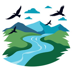 Soaring birds gracefully glide over a vibrant blue river winding through lush green hills and majestic blue mountains under a sky dotted with fluffy clouds