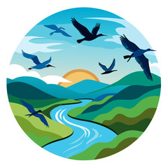 Majestic flock of birds gracefully soaring above a serene river valley at sunrise, embodying freedom and natural beauty in a vibrant, stylized landscape