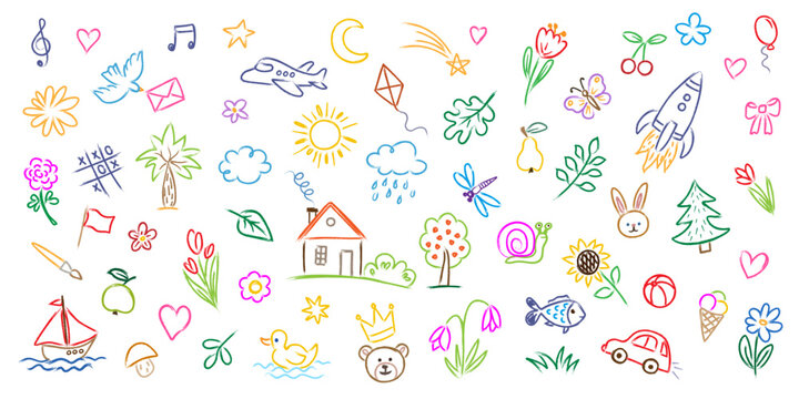 Vector kid pencil doodle illustration. Cute crayon hand drawn icon set. Children pencil bg school sketch color house, flower, cloud, sun, airplane, tree, boat, clouds, bird. All objects are isolated.