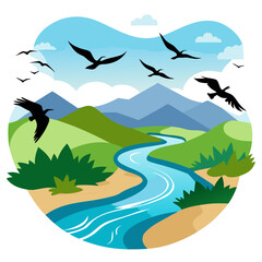 Soaring birds grace a vibrant landscape with winding river and majestic mountains under a clear blue sky, evoking freedom and natural beauty.