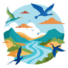Vibrant flock of birds soars gracefully over a winding river and majestic mountains, capturing the beauty of nature's freedom and wild spirit.