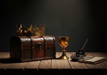 A royal treasure chest with a golden crown, goblet, and quill on a wooden table