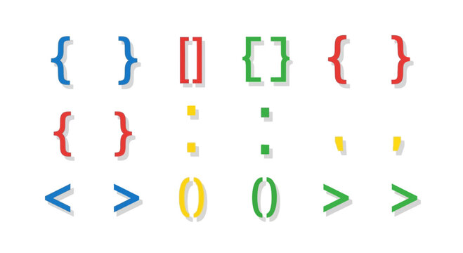 A colorful collection of various programming and punctuation symbols, including curly braces, square brackets, angle brackets, and parentheses, arranged in a grid on a white background