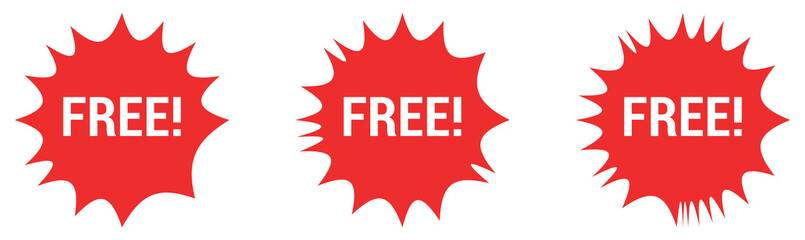 Red starburst shape, white background, "FREE" text in white, bold typography, marketing graphic, attention-grabbing design, promotional icon.
