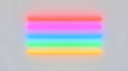 A simple design features five evenly spaced horizontal glowing neon bars on a plain white background. The bars are straight and uniform in thickness, with colors arranged from top to bottom as follows