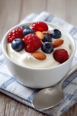 Yogurt Bowl with Berries and Almonds Close Up Macro Shot on Rustic Wood Table with Blue Checkered Napkin