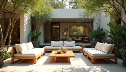 Fototapeta premium Modern outdoor lounge area features comfortable white cushioned wooden sofas and chairs. A minimalist coffee table sits central to the seating arrangement. Lush green plants surround the space.