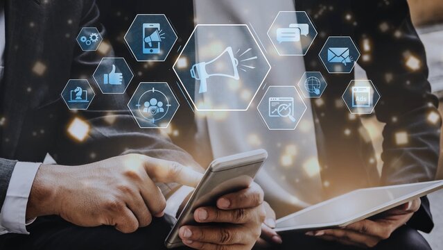 Digital marketing promotion strategy using megaphone, social media marketing, digital ads video content, communication, analytics, and global branding advertisement for business outreach Marrow