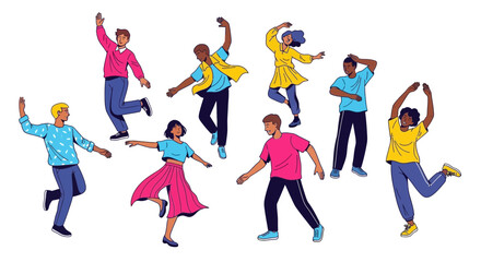 A diverse group of people joyfully dancing and moving with energy in various poses against a clean white background