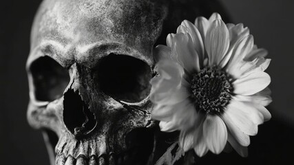 A skull with a flower growing out of its mouth, a macabre yet intriguing scene