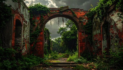 Ruins of an ancient brick building overtaken by vegetation under a stormy sky
