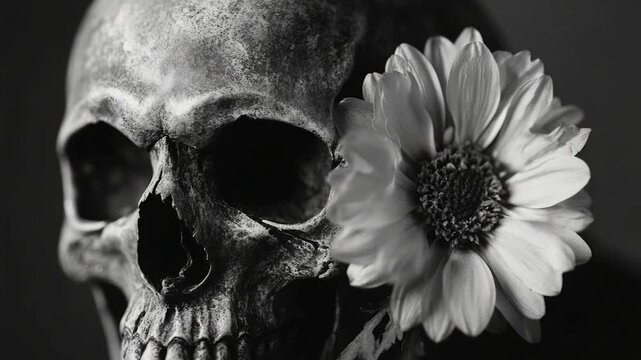 A skull with a flower growing out of its mouth, a macabre yet intriguing scene