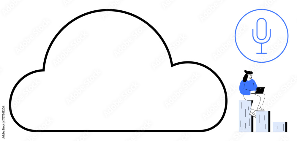 Poster large cloud outline with a microphone icon representing voice control. person working on a laptop em
