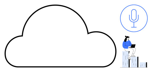 Large cloud outline with a microphone icon representing voice control. Person working on a laptop emphasizes cloud-based technology. Ideal for cloud computing, voice interaction, technology, data