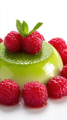 Matcha Panna Cotta Dessert Close-Up: Raspberries and Mint Topping on White Background, Studio Shot, Food Photography