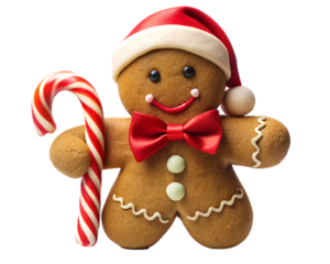 A cheerful gingerbread man holding a candy cane isolated on transparent background, perfect for christmas