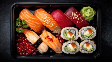 Assorted Sushi Platter Close Up Overhead Shot in Black Tray with Salmon Tuna Shrimp Rolls and Wasabi