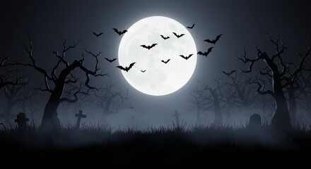 Spooky Halloween Background with Haunted Forest and Full Moon